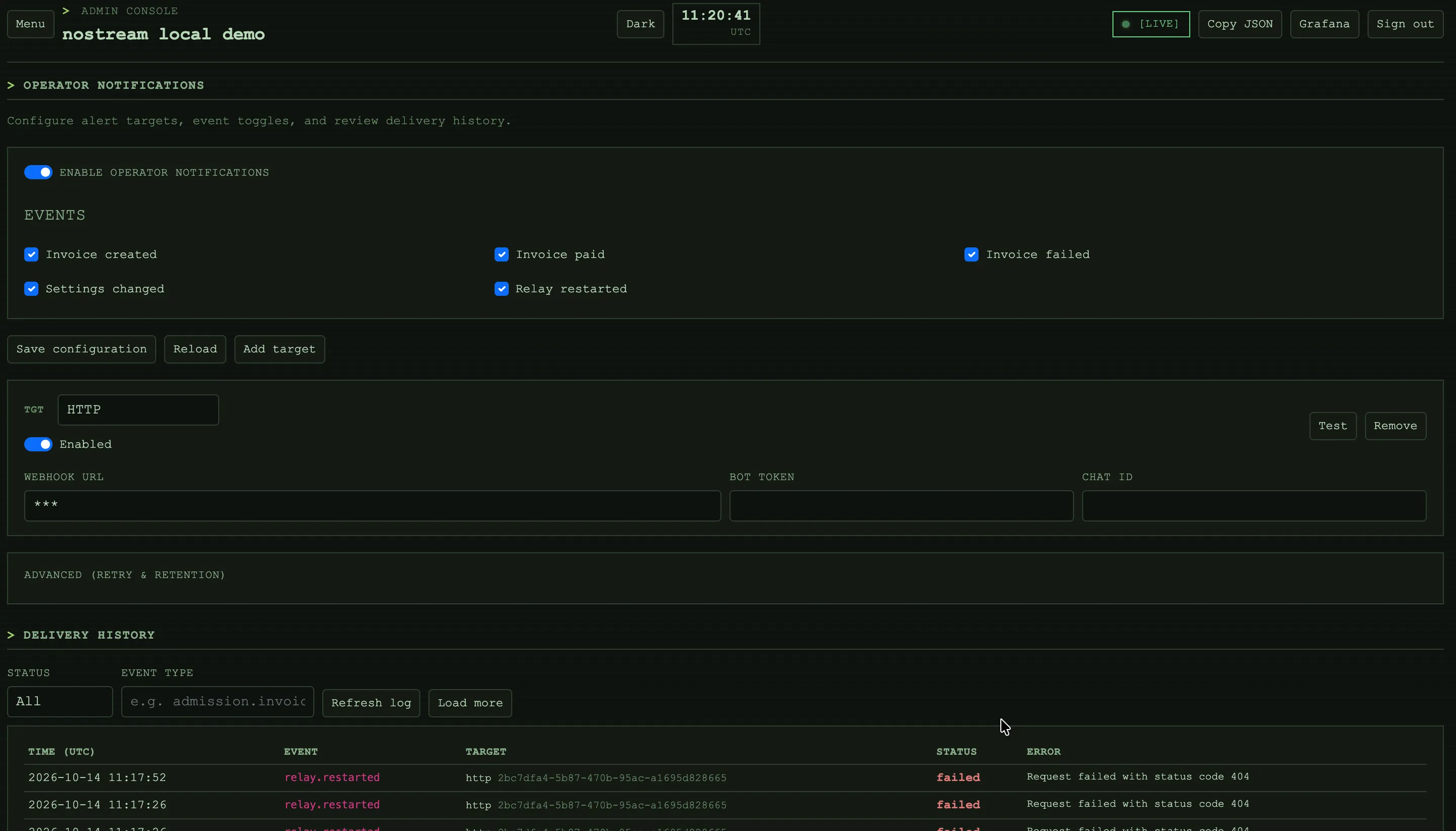 nostream admin console: Notifications