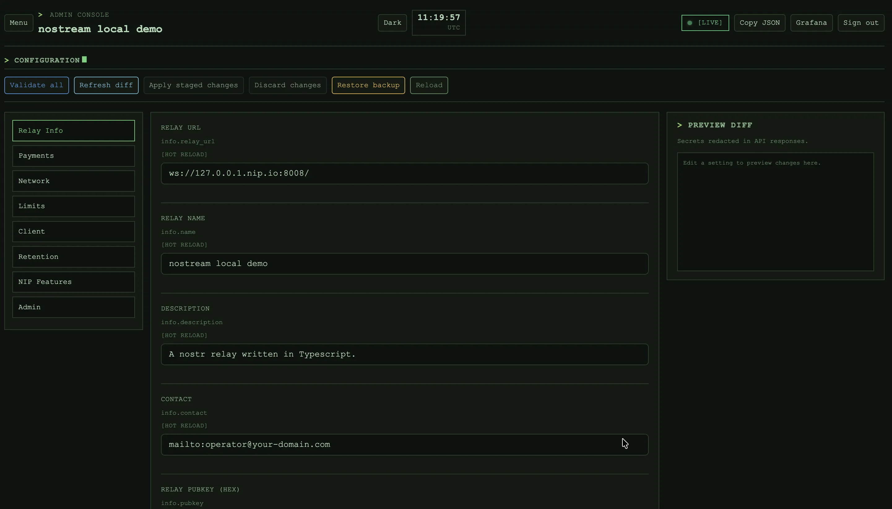 nostream admin console: Settings editor